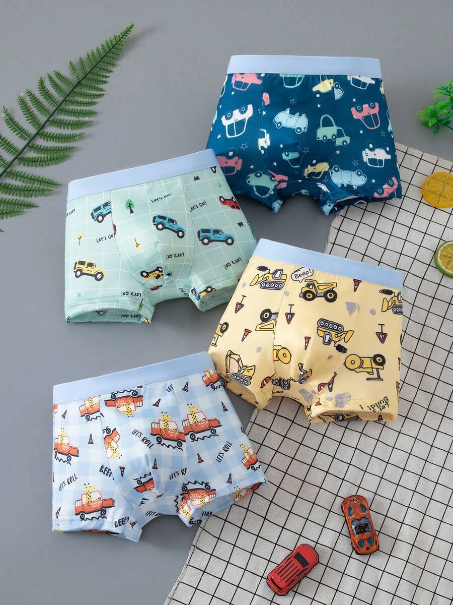 4pcs/Pack Young Boy Kids Comfortable Soft Cartoon Print Boxer Briefs - Multicolor - View 1