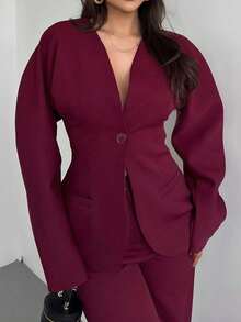 Women's Elegant Suit Jacket And Pants Set, Slim Fit V-Neck Petal Sleeve Single Button Blazer, Solid Color Straight Leg Pants, Casual Button - Burgundy - View 4