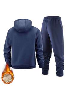 Men's 2-Piece Winter Sports Set, Fleece Lined Hooded Zip-Up Jacket & Straight Leg Sweatpants, Elastic Drawstring Warm Set With Zipper Pockets - Blue - View 2