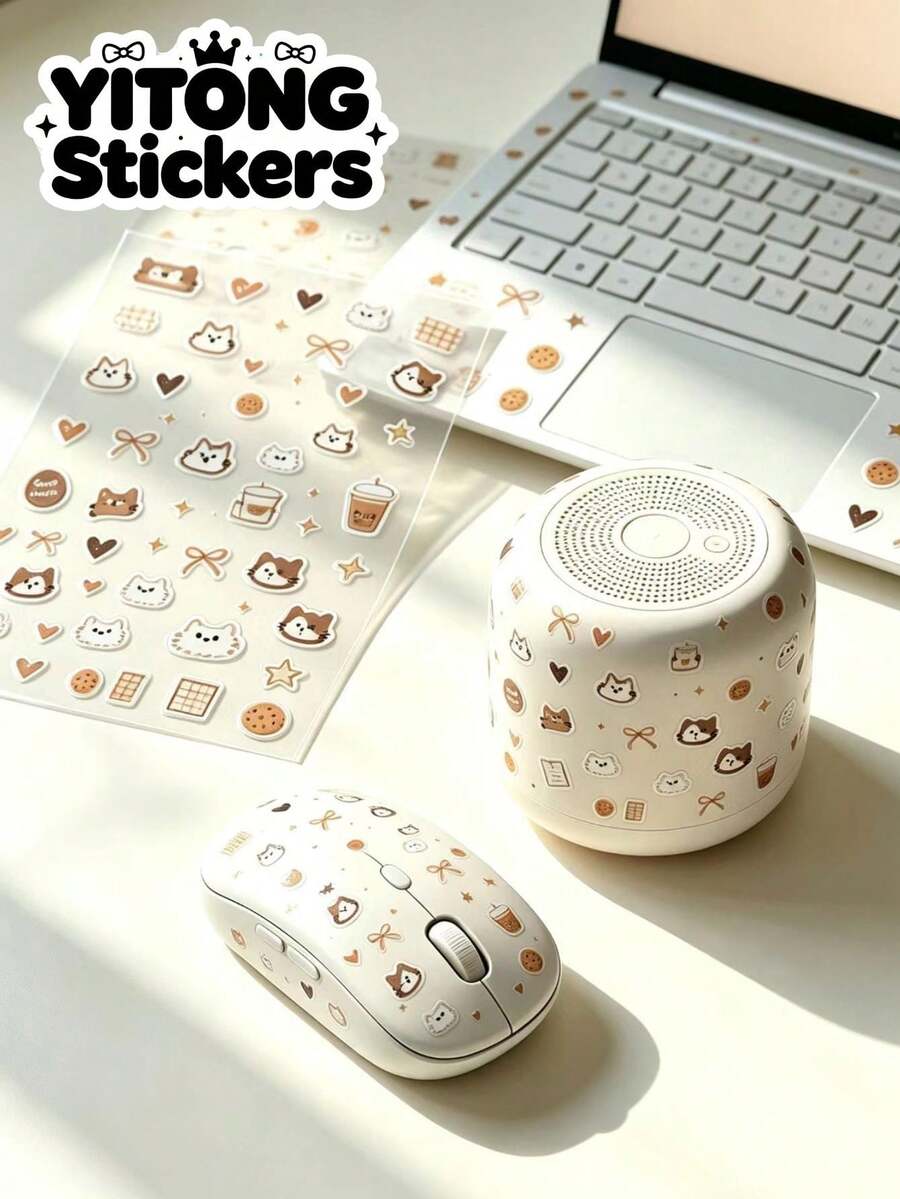 1pc Milk Tea Brown Simple Cat Sticker, Low Saturation Milk Coffee Color Cat, Coffee, Cookie, Plaid, Ribbon, Heart, Star, Waterproof Self-Adhesive No-Residue Decorative Sticker For Mouse, Speaker, Laptop Keyboard, Phone Case, Tablet, Water Cup, INS Healing Warm Brown Minimalist Office Digital Accessory Aesthetic Decoration - Cartoon Kitten - View 1