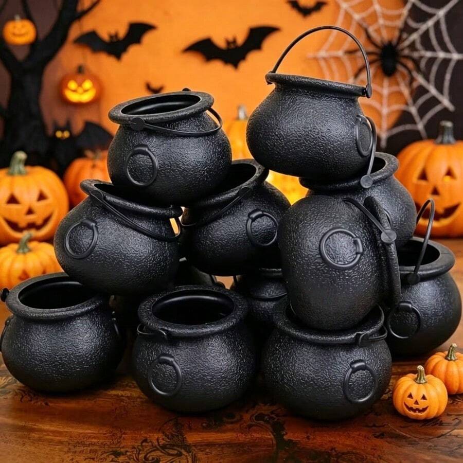 12pcs Mini Black Witch Buckets, Suitable For Halloween And Autumn Parties, Nautical Theme Wizard Potion Jars, Plastic Ghost Desktop Decor, With Portable Candy Storage Buckets, For Trick Or Treat, Wizard Potion, Party Layout Props, Halloween Decoration Ornaments - Multicolor - View 1