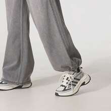 Adidas Three-Leaf Clover Women's Wide-Leg Jeans Curved Hem Pants - Medium Heather Gray - View 7