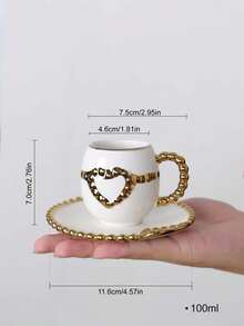 European Luxury White Ceramic Espresso Cup & Saucer Set, 100ml Small Capacity Gold Bead Handle Hollow Heart Design Mini Italian Coffee Cup, Elegant Afternoon Tea Tableware, Gift Choice For Women - Multicolor - View 3