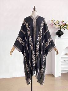 1件優雅花卉刺繡開襟女款和服披肩，沙龍裙，春夏波希米亞風外套，海灘度假防曬，裝飾性刺繡開襟衫，適合日常穿著，送禮首選 - 黑色 - 查看 4