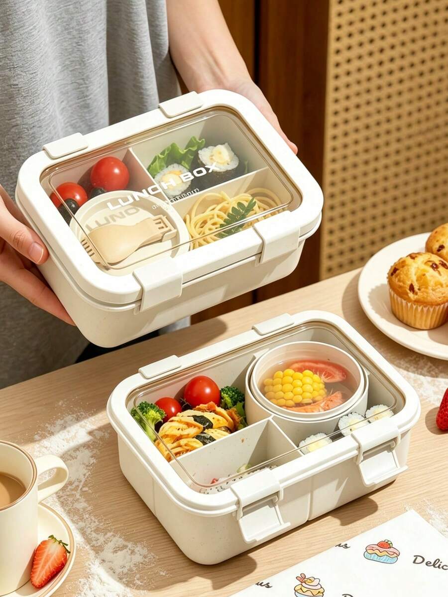 1pc Premium Lunch Box - With Utensils, Fruit Salad Box, Food Storage Container, Japanese Bento Box, Student Lunch Box, Office Worker Lunch Box With Soup Bowl, Compartment Lunch Box, Microwave - Multicolor - View 1