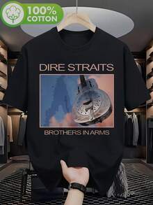 Herren-T-Shirt mit lockerer Passform, Rundhalsausschnitt und kurzen Ärmeln - Cover des Albums 'Dire Straits_Brothers in Love & Strife_, Retro-Bandlogo und Gitarrendruck, Vintage-Musik-T-Shirt mit dem Titel des - Schwarz - Übersicht 1
