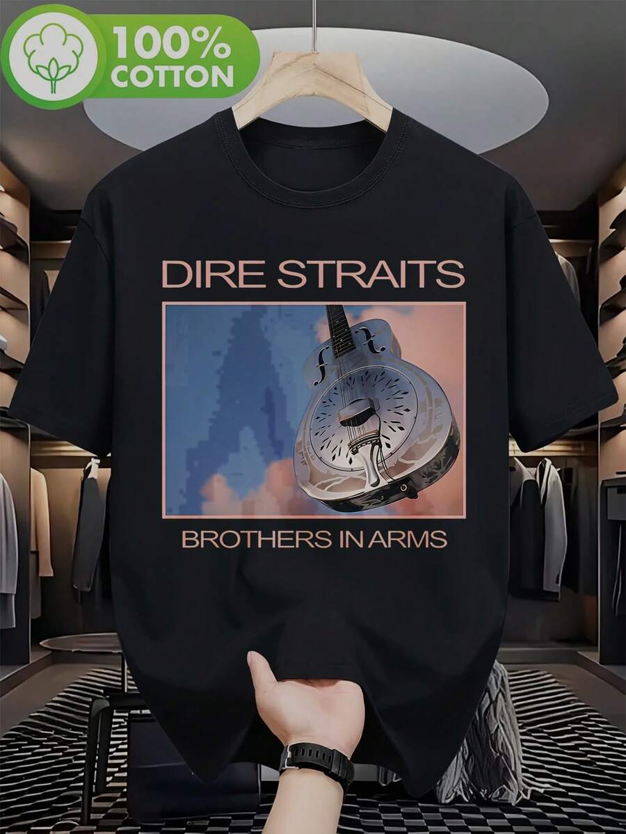 Herren-T-Shirt mit lockerer Passform, Rundhalsausschnitt und kurzen Ärmeln - Cover des Albums 'Dire Straits_Brothers in Love & Strife_, Retro-Bandlogo und Gitarrendruck, Vintage-Musik-T-Shirt mit dem Titel des - Schwarz - Übersicht 1