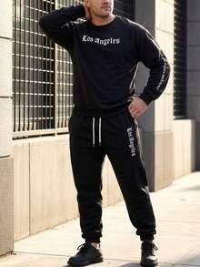 Men's Autumn/Winter Casual Comfortable Letter Print Crew Neck Sweatshirt & Sweatpants Set - Black - View 4