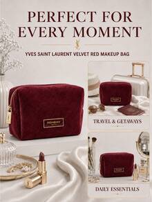 YSL Velvet Red Makeup Bag, Sold Individually, Soft Fabric With Smooth Zipper, Perfect For Storing Cosmetics, Suitable For Travel And Daily Use - Red - View 9