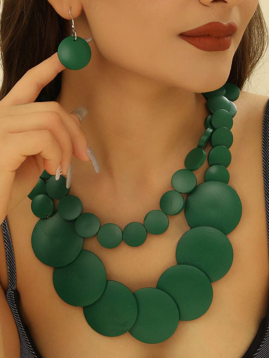 European American African Exaggerated Bohemian Multi-Layer Colorful Wooden Bead Necklace - Green - View 1