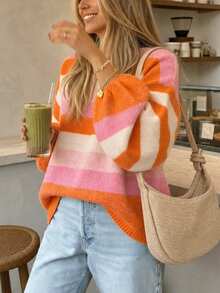 Women's Comfortable Striped Knit Pullover Sweater, Long Sleeve Loose Warm Pullover, Suitable For Winter Wear - Multicolor - View 8