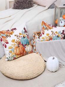 1 Stück Herbst Kürbis Ahornblatt Blumen Landhausstil Kissenbezug, Thanksgiving Dekoration Kissenbezug, Zuhause Sofa Stuhl Dekoration, Thanksgiving Halloween Geschenk, Studentenwohnheim Schlafzimmer Wohnzimmer Zuhause Dekoration - Blau - Übersicht 4