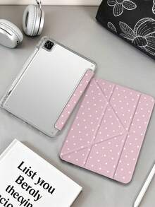 1pc Bean Pink Polka Dot Tablet Case Compatible With IPad Mini6/7/Air/Air2/9.7/10.2/10.5/10.9 (Air4-Air8)/Pro 11/10th Gen/A16/Pro 11 2024, Painted Pattern Tablet Cover With Transparent Acrylic Back Shell, Silk Texture 8-Fold Stand, Auto Sleep/Wake, Built-In Pencil Slot, Pencil Not Included, Some Models With Camera Frame - Multicolor - View 7