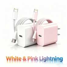 White/Pink Macaron Fast Charging Set, Type-C PD Wall Charger + 3.3FT Braided USB C To Lightning Cable, Compatible With IPhone 17/16/15, All Models - Multicolor - View 1