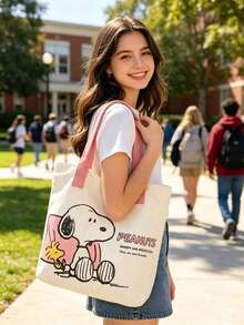 1pc Large Capacity Snoopy Color Block Canvas Shoulder Tote Bag, Casual Style, Durable Shoulder Strap And Sturdy Fabric, Foldable Lightweight Tote Bag Suitable For Women, Perfect For School, Work, Gym, Beach And Other Occasions - Rectangle - View 5