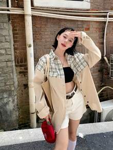 New Women's Spring/Autumn Patchwork Corduroy Long Sleeve Shirt, Designer Niche Unique Blouse Cardigan Jacket - Apricot - View 6