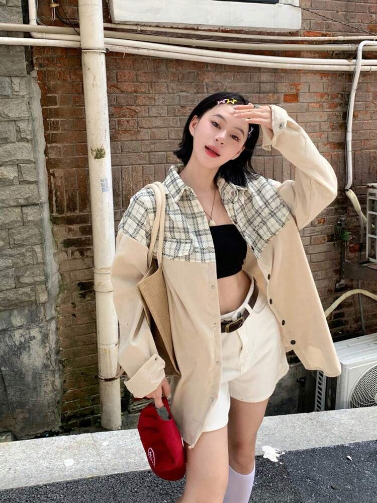 新款女款春夏/秋冬拼接燈芯絨長袖襯衫，設計師小眾獨特女裝上衣開襟外套 - 杏色 - 查看 6