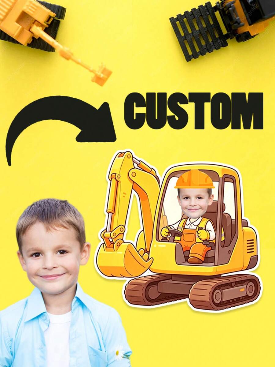 UNICCUT Custom Construction Site Theme Excavator Stickers With Face And Head Features, Personalized Excavator Driver Birthday Party Gift Sealing Labels - Multicolor - View 1