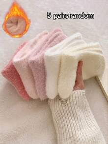 1/5 Pairs Women's Mink Fur Warm Mid-Calf Socks, Sleep Socks, Suitable For Home, Commute, Holiday Gifts - Multicolor - View 7