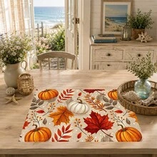 1pc/4pcs/6pcs Pumpkin Pattern Printed Linen Placemats, Rectangular Table Mats, Washable, Easy To Clean, Plate Mats, Bowl Mats, Western Style Dining Mats, Suitable For Kitchen, Dining Room, Home Gatherings, Coffee Table And Daily Table Decor - Multicolor - View 3