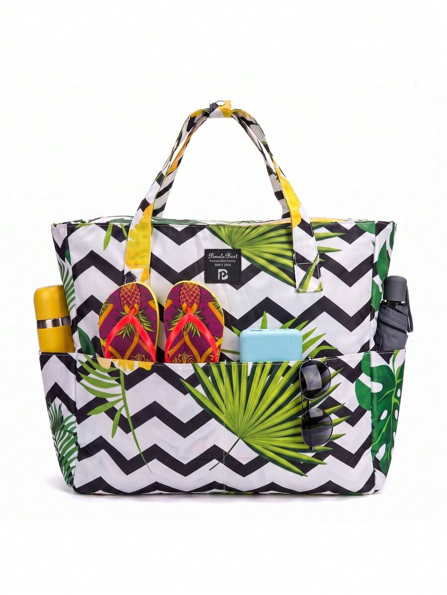 Pomelo Best 35L Polyester Large Beach Bag Solid Black Tropical Wavy Floral Flip Flop Print 9 Compartments Waterproof Sandproof Travel Shoulder Handbag - Multicolor - View 1