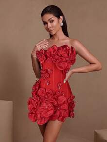 Elegant Sexy Rhinestone 3D Floral Decor Strapless Evening Gown For Date Party Formal Dinner Red Wedding Fall - Red - View 1