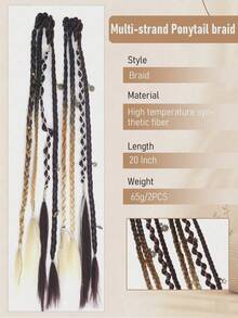 2pcs Handmade Bohemian Style 20 Inch Clip-In Hair Extensions, Bohemian Dreadlock Style, With Daily Wear Beads And Exquisite Accessories, With Claw Clips,Halloween - Multicolor - View 3