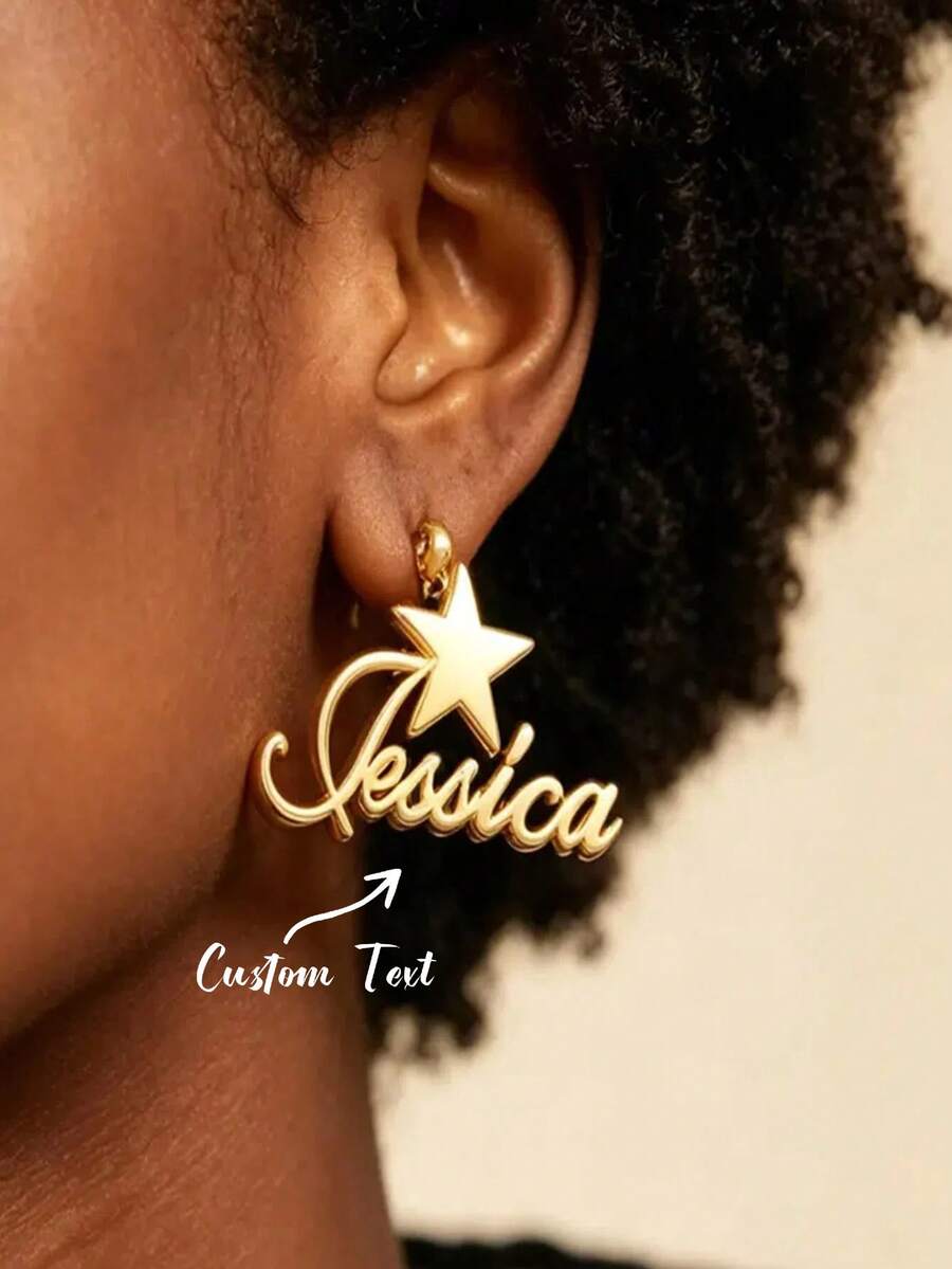 Custom Name Star Earrings With Star, Personalized Name Earrings, 18K Gold Plated Stainless Steel Hypoallergenic Earrings Piercing Jewelry - Multicolor - View 1