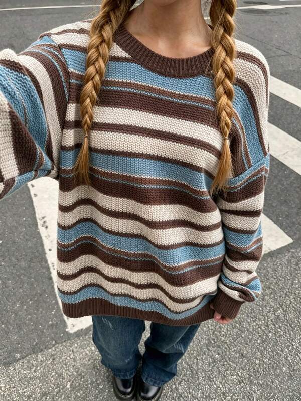 Women's Fashion Colorful Striped Knit Sweater, Round Neck Long Sleeve Loose Fit Casual Pullover