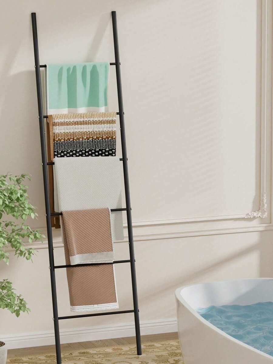 1pc Black 6-Tier Freestanding Blanket Ladder, Wall-Mounted Iron Practical Rack, Dual-Function Towel And Clothing Rack, Durable Iron Structure, Easy To Assemble