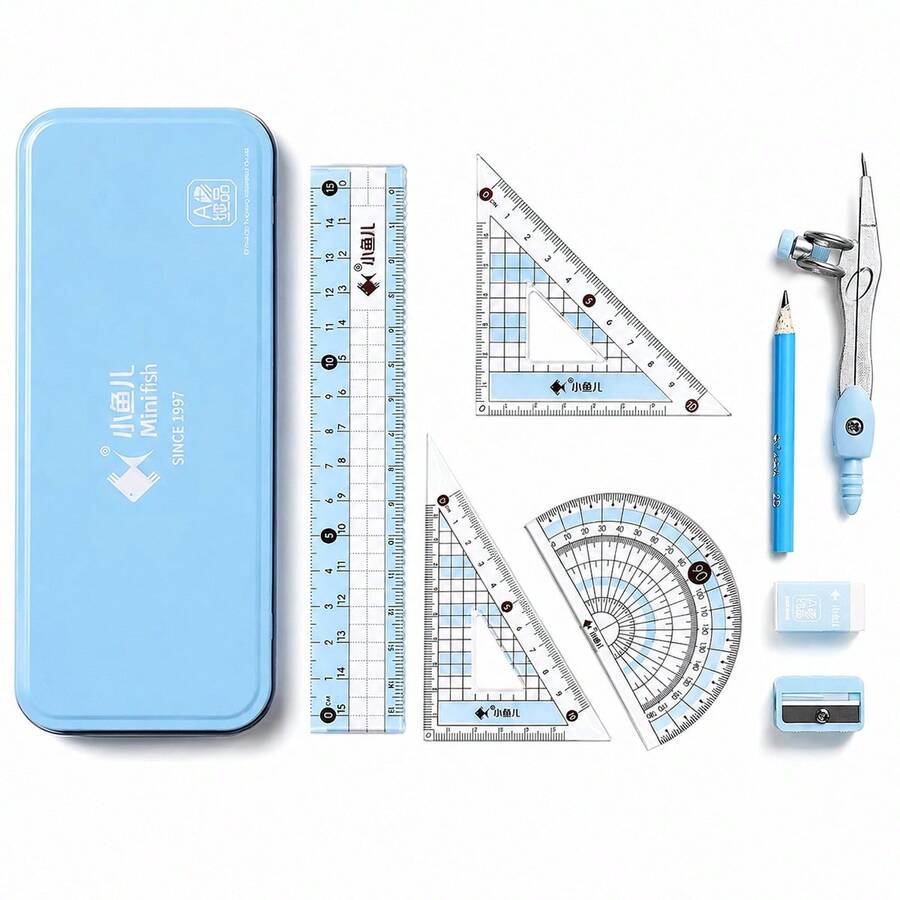 Geometry Drawing Set, Includes Metal Compass, 15cm Ruler, 2 Triangle Rulers, Protractor, Pencil, Eraser And Pencil Sharpener, Portable Storage Box, Suitable For Geometry Drawing, Technical Drawing, Exam Preparation, School And Office Math Measurement Tool Set - Sets - View 1