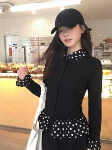 Kaos Lengan Panjang Kerah Peter Pan Motif Polkadot Hitam untuk Wanita, Gaya INS, Model Slim Fit, Desain Menawan, Atasan Serbaguna - Hitam - View 5