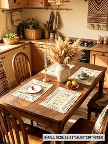 1pc 100% Polyester Vintage Butterfly Floral Embroidered Table Runner, Lace Edge Triangle Table Runner With Tassels, Farmhouse Style Dining Table Decor - Khaki - View 8