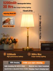 1pc Adjustable Height Fabric Lamp, USB Rechargeable Long-Lasting Battery, LED Touch Control Dimmable Desk Lamp, Portable For Indoor/Outdoor Use, Stylish Design For Bedroom, Living Room, Dining Room, Camping, Holiday Gift - Height-adjustable Fabric Table Lamp - View 27