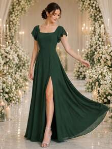 Volly Toych Dark Green Elegant Chiffon Long Bridesmaid Dress, Square Neckline, Ruffle Short Sleeves, High Slit Design, Perfect For Formal Occasions And Weddings - Dark Green - View 4