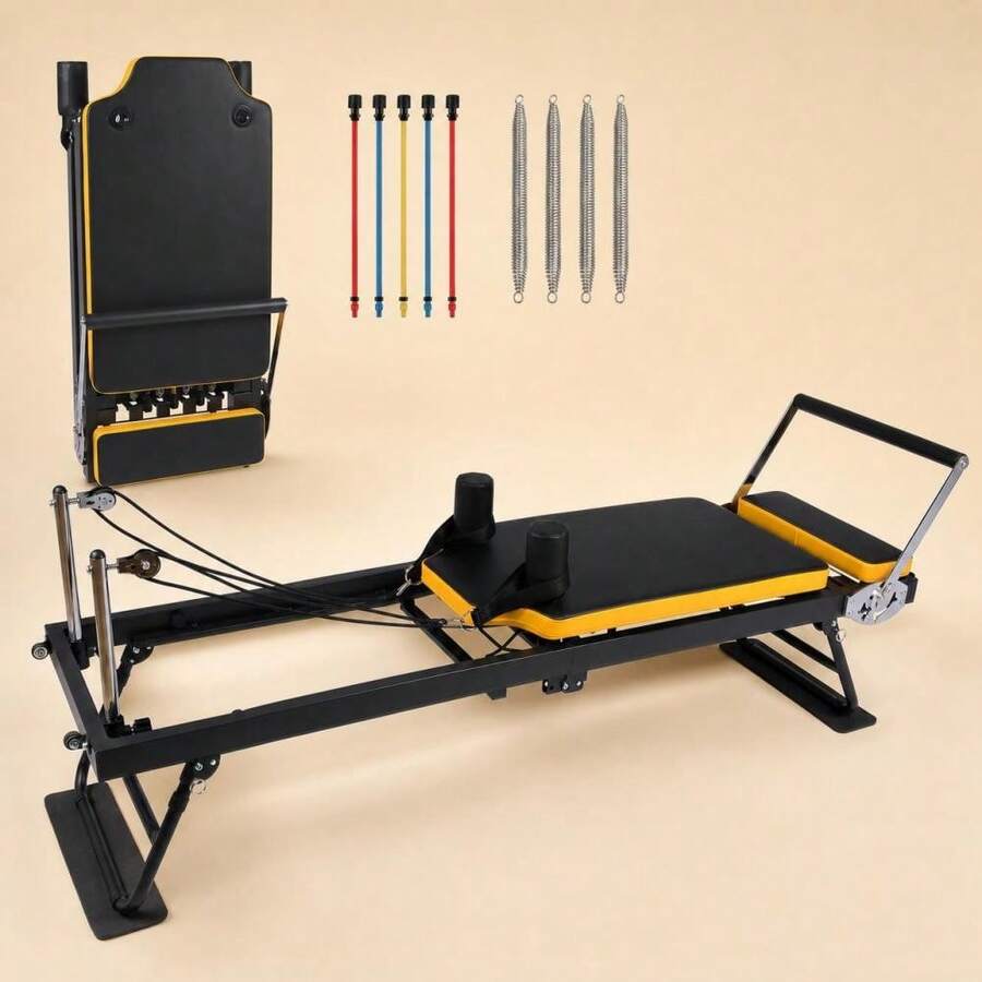 Collapsible Pilates Reformer Bed For Home Gym Workout – Professional Pink Pilates Equipment With Dual Resistance Springs & Cords – Portable, Compatible For Beginners & Advanced Users - Black +Yellow - View 1
