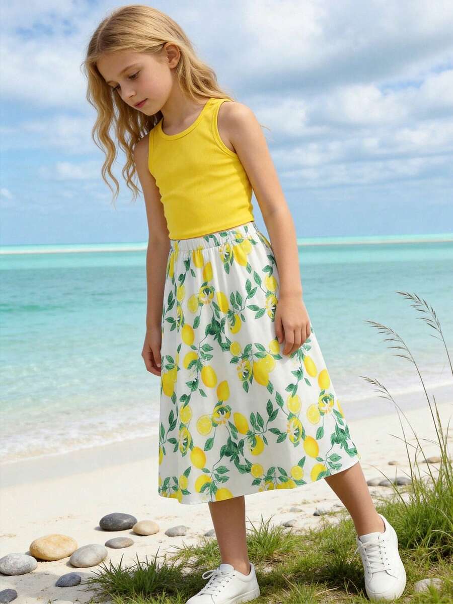 2pcs/Set Tween Girl Summer Fashion New Vacation Style Yellow Round Neck Sleeveless Crop Top And Lemon Print Skirt Set - Yellow - View 1