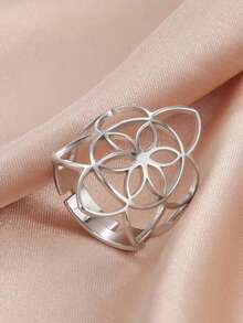 TEAMER 1pc Fashion Women Stainless Steel Hollow Flower Open Adjustable Ring, Versatile Accessory, Unisex Style, Gift For Friends - Fashion Series - View 2