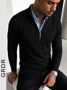 GRDR Men's Casual Long Sleeve Half Zip Pullover Sweater, Versatile For Daily Wear - Black - View 2