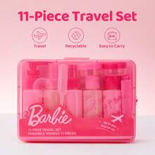 Miniso Set Botol Perjalanan Barbie 11 Buah Warna Pink, Wadah Kosmetik Isi Ulang, Perlengkapan Mandi Portabel dengan Kotak Penyimpanan, Perlengkapan Perjalanan untuk Sampo dan Losion - Berwarna merah muda - View 3