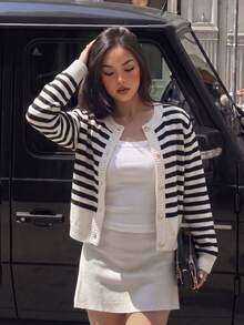 Women's Cardigan Sweater, Round Neck, Single-Breasted Button Closure, Long Sleeve, All-Match Style, Daily Commute, Versatile, Contrast Color Striped, Short Length, Wear Alone Or Layer, Knit Top, Spring Autumn Winter - Apricot - View 1