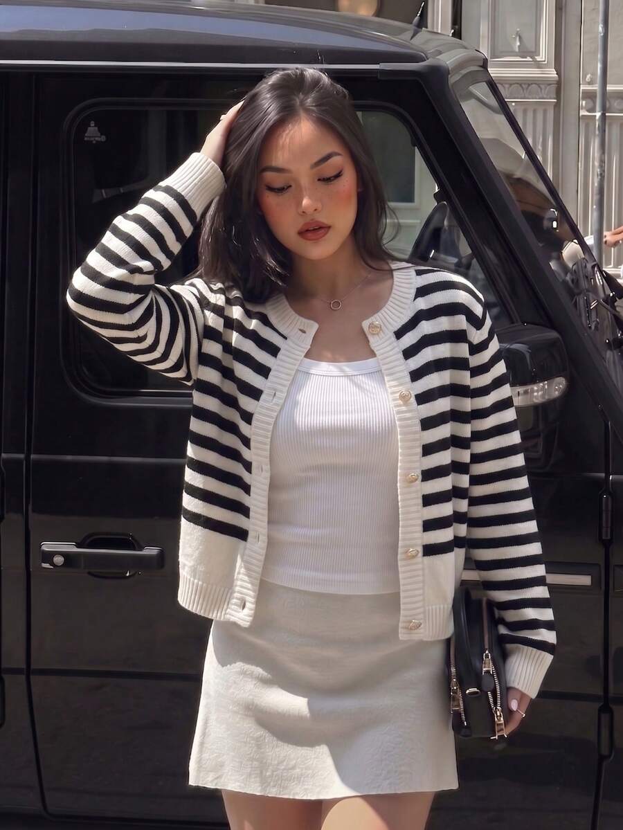 Women's Cardigan Sweater, Round Neck, Single-Breasted Button Closure, Long Sleeve, All-Match Style, Daily Commute, Versatile, Contrast Color Striped, Short Length, Wear Alone Or Layer, Knit Top, Spring Autumn Winter - Apricot - View 1
