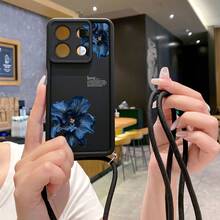 1pc Fashion Pure Android TPU Material Adjustable Lanyard + Blue Diagonal Floral Pattern Lens Protection Thick Anti-Fall Anti-Fingerprint Black Diamond Sand Phone Case Compatible With Samsung/Transsion/HONOR/ - Black - View 7