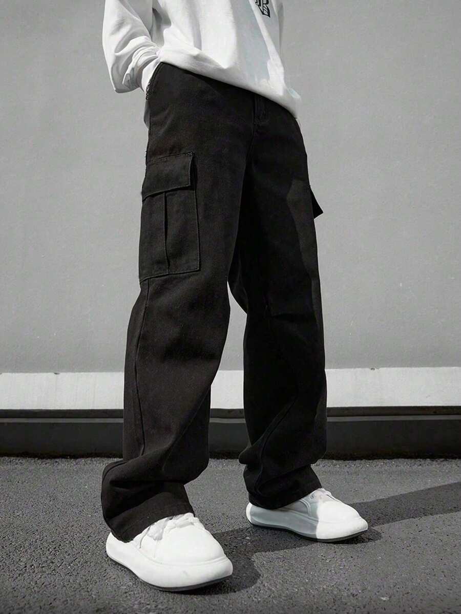 1件大童男孩舒適百搭極簡寬鬆直筒多口袋休閒長褲 春夏秋返校穿搭 - 黑色 - 查看 1