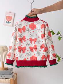 M.Dian xi Áo cardigan len trẻ em cổ chữ V bèo nơ họa tiết, thời trang thanh lịch ấm áp cho mùa xuân/thu - Đỏ - Xem 2