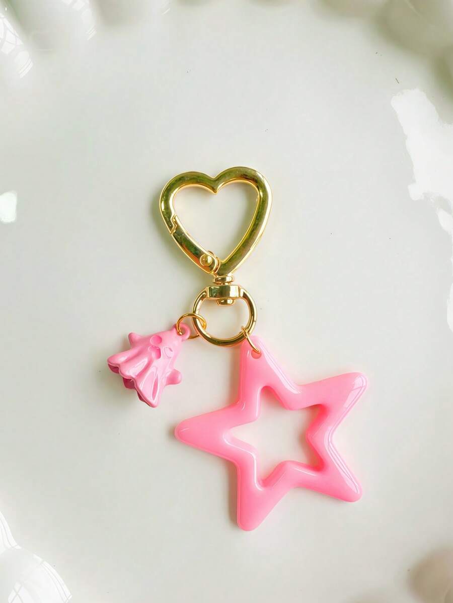 Llavero de fantasma con estrella hueca grande rosa, colgante lindo para mochila, anillo de llaves a juego para Halloween y uso diario