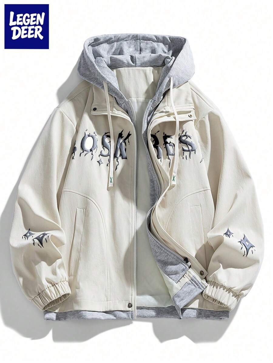 Chaqueta con capucha de manga larga de moda para otoño/invierno con estampado de letras, 2 en 1 para hombre - Blanco - Ver 1