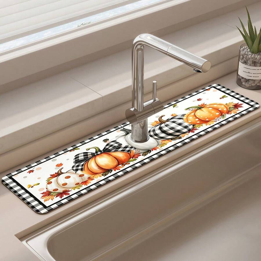 1pc Thanksgiving Multi-Color Pumpkin Design, Non-Slip Faucet Drain Mat, Suitable For Kitchen, Bathroom Sink, Countertop, Drain Mat, Diatomaceous Earth Basin, Cuttable Quick-Dry Mat - Multicolor - View 1