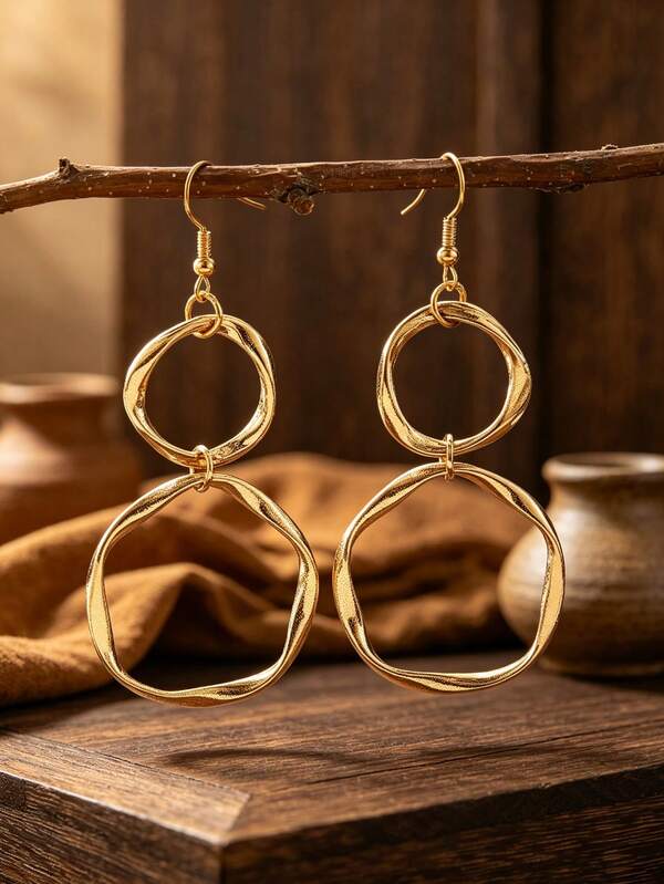 1 Pair Vintage Distressed Gold Double-Layer Twisted Asymmetrical Circle Drop Earrings, Minimalist Double Hoop Long Earrings, Holiday & Commute Accessory