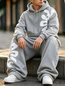 HEYKESON Men's Letter Print Hoodie & Wide Leg Sweatpants 2 Pieces Loose Streetwear Sports Set - Light Grey - View 5
